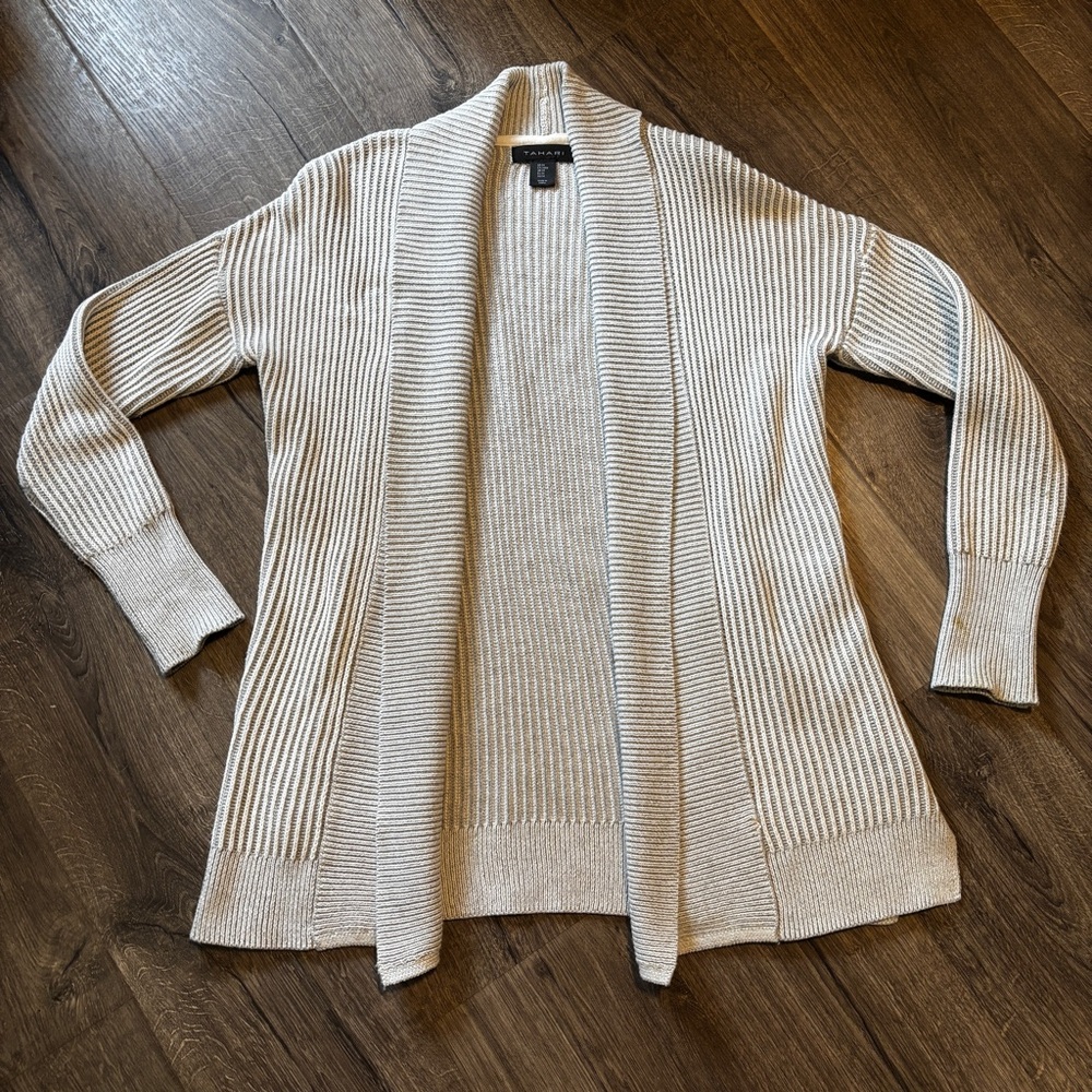 Tahari Gray Ribbed Open Front Cardigan